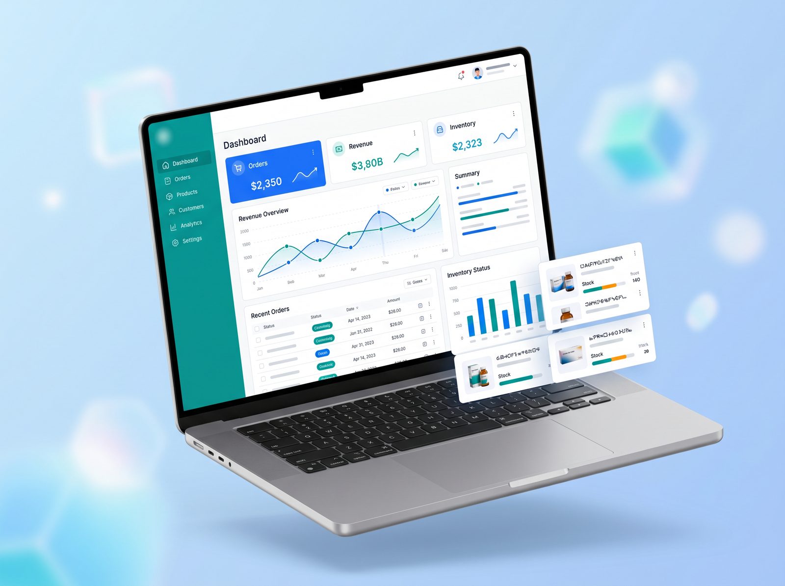 Pulss admin dashboard showing orders, revenue charts, and inventory status