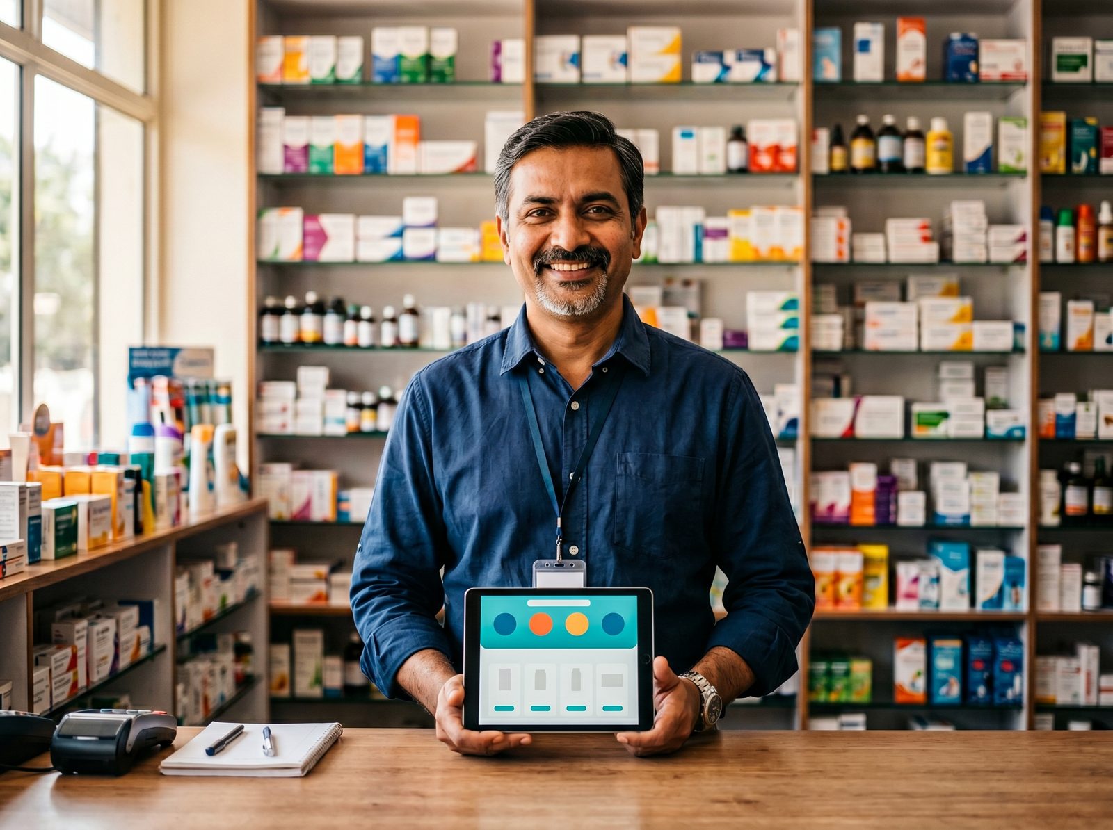 Indian pharmacy owner holding a tablet showing the Pulss ordering dashboard